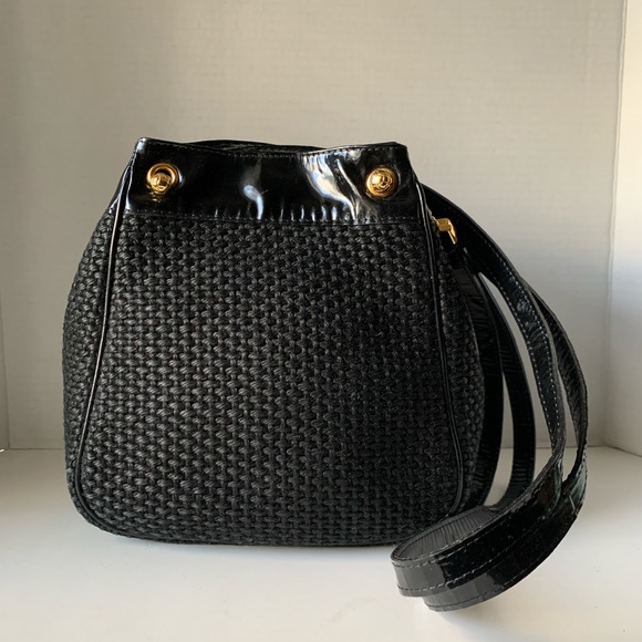 Vintage Bottega Veneta Patent and Rope Intrecciato Black Gold Shoulder B…
